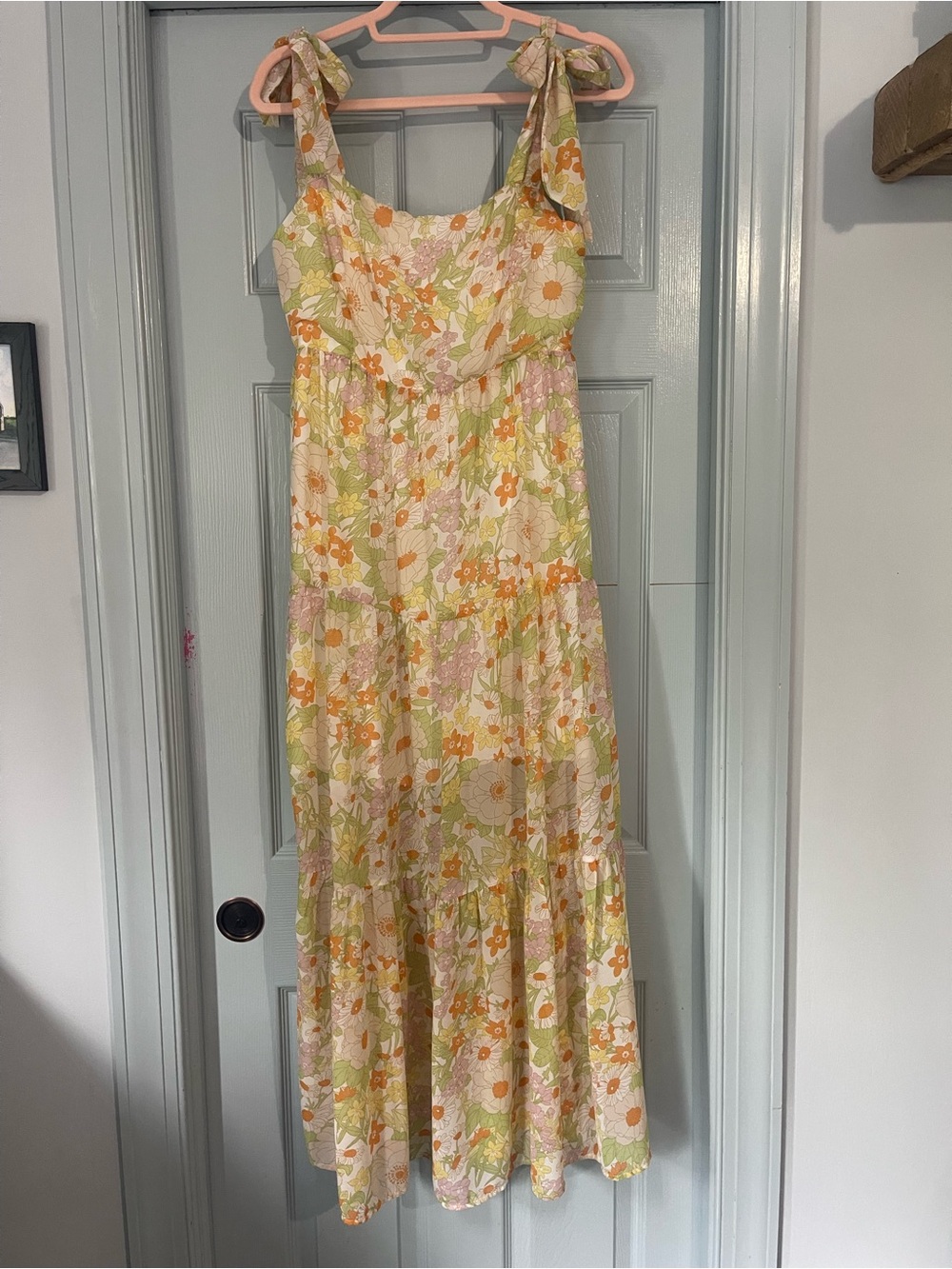 Tie-Shoulder Floral Maxi Dress in Pastel Yellow and Orange